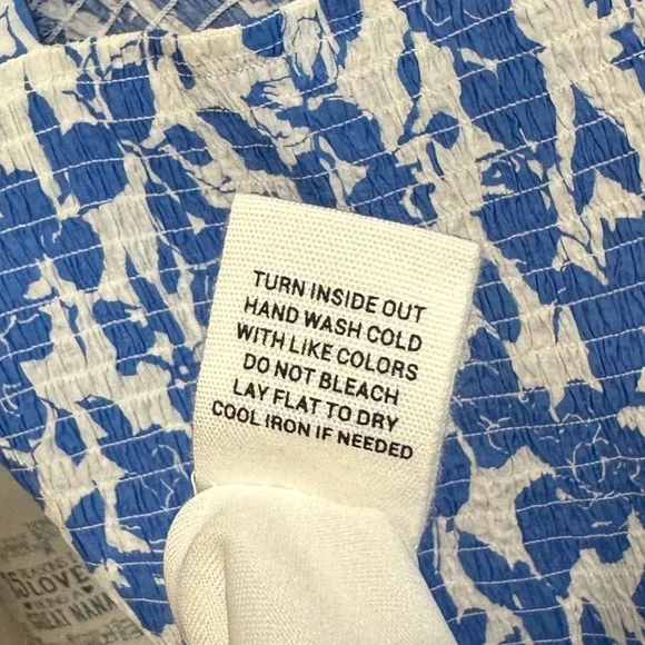 AUGUST SKY Blue White Floral Smocked Puff Sleeve Prairie Milkmaid Maxi Dress M - Picture 6 of 8